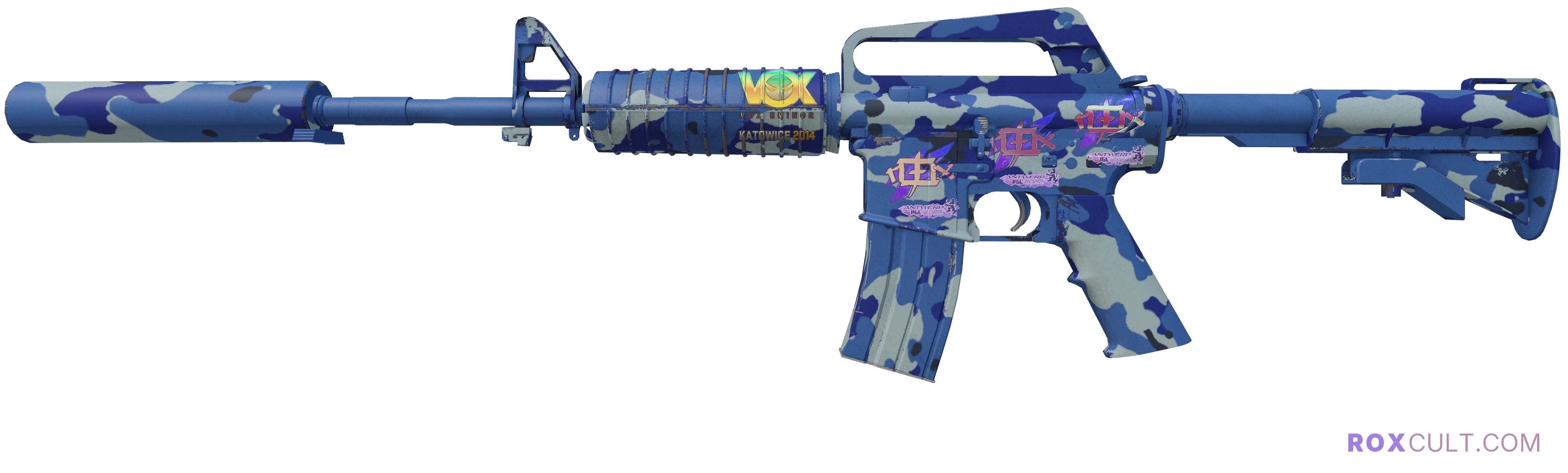 M4A1-S | Bright Water (Minimal Wear) — rox (Holo) Antwerp 2022 craft, playside view with 3 rox (Holo) stickers