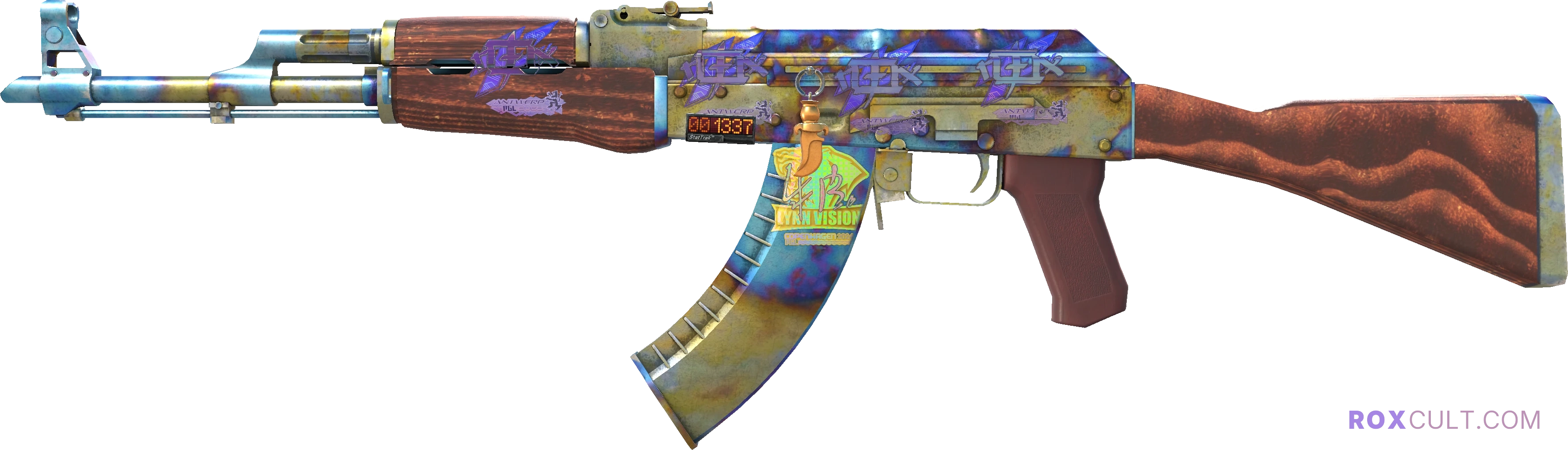 StatTrak™ AK-47 | Case Hardened (Field-Tested) — rox (Holo) Antwerp 2022 craft, playside view with 4 rox (Holo) stickers