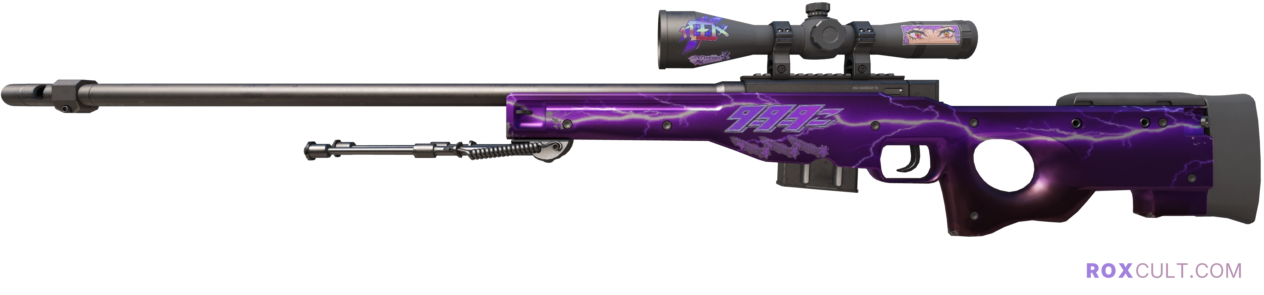 AWP | Lightning Strike (Factory New) — rox (Holo) Antwerp 2022 craft, playside view with 1 rox (Holo) sticker
