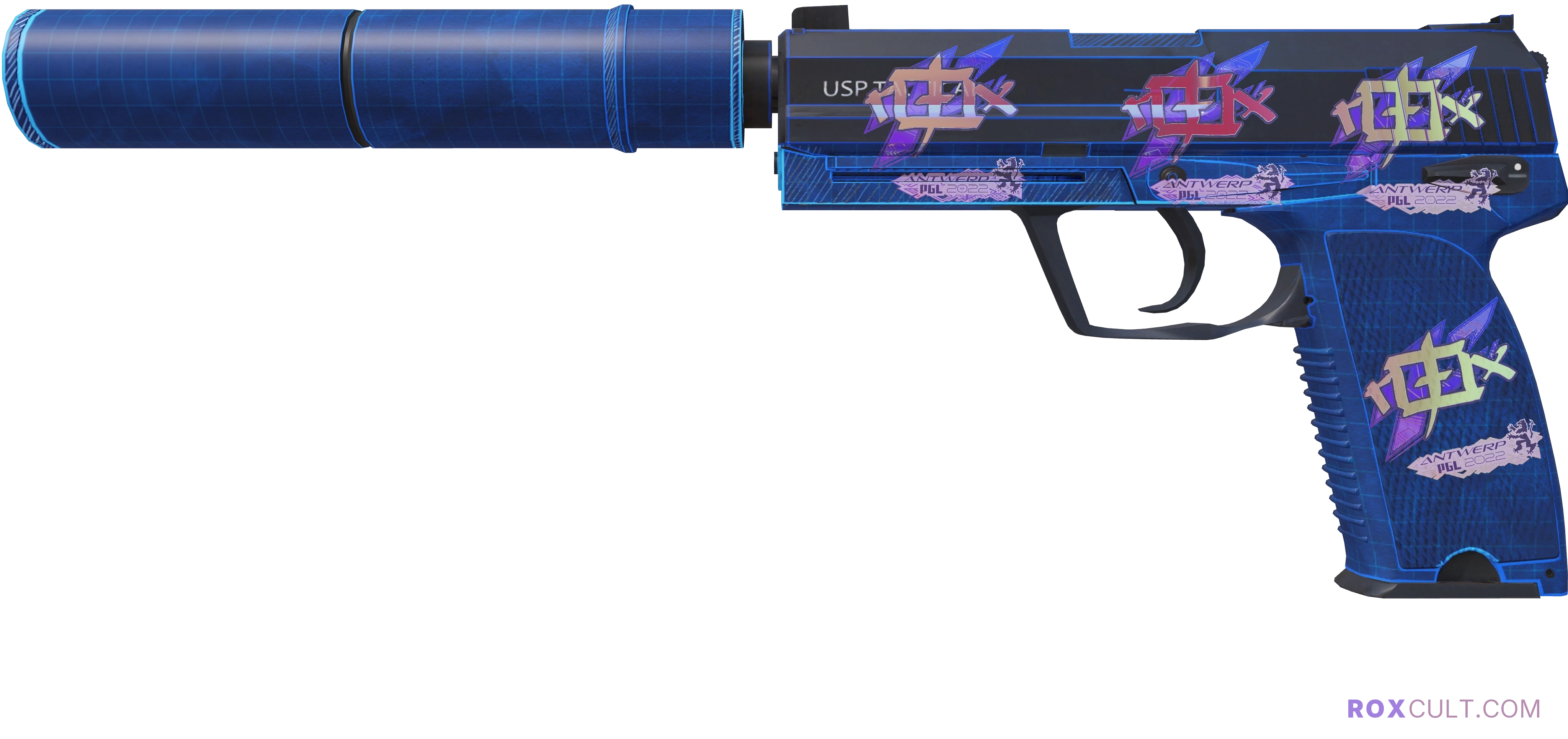 USP-S | Blueprint (Factory New) — rox (Holo) Antwerp 2022 craft, playside view with 4 rox (Holo) stickers