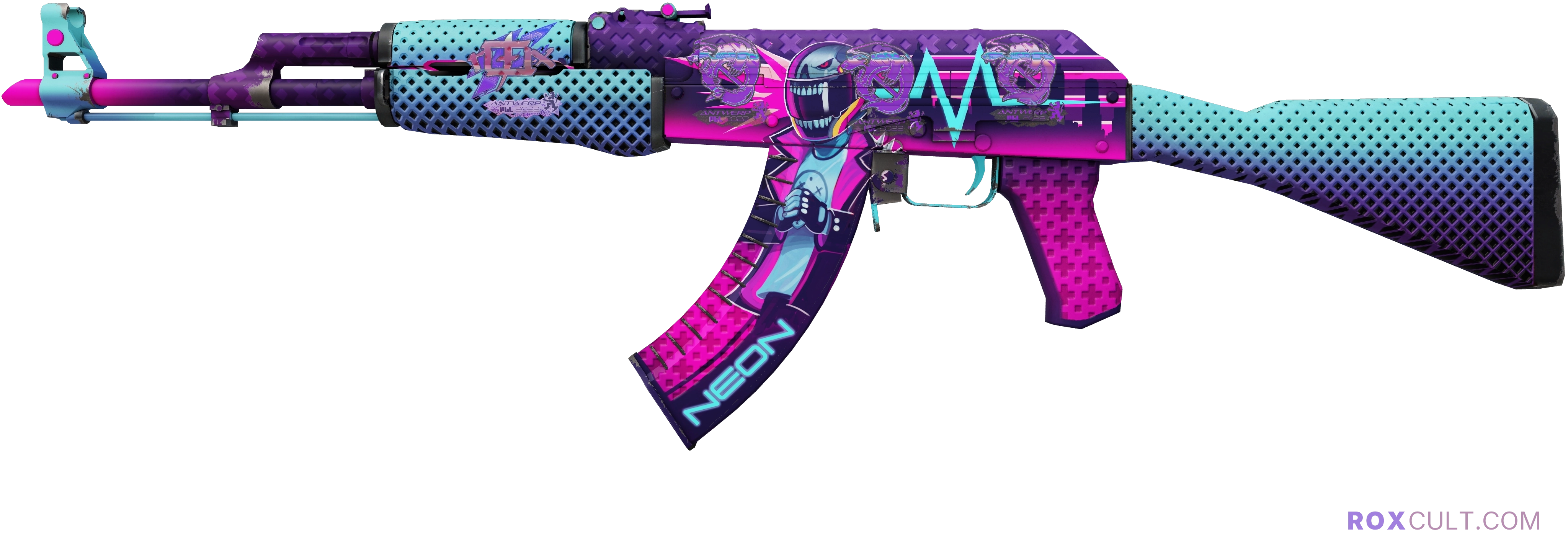 AK-47 | Neon Rider (Minimal Wear) — rox (Holo) Antwerp 2022 craft, playside view with 1 rox (Holo) sticker