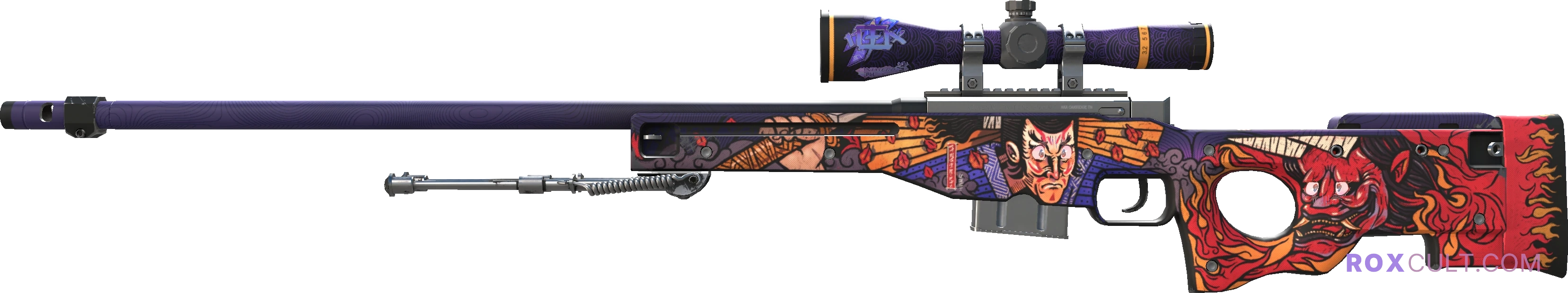 AWP | Oni Taiji (Factory New) — rox (Holo) Antwerp 2022 craft, playside view with 1 rox (Holo) sticker