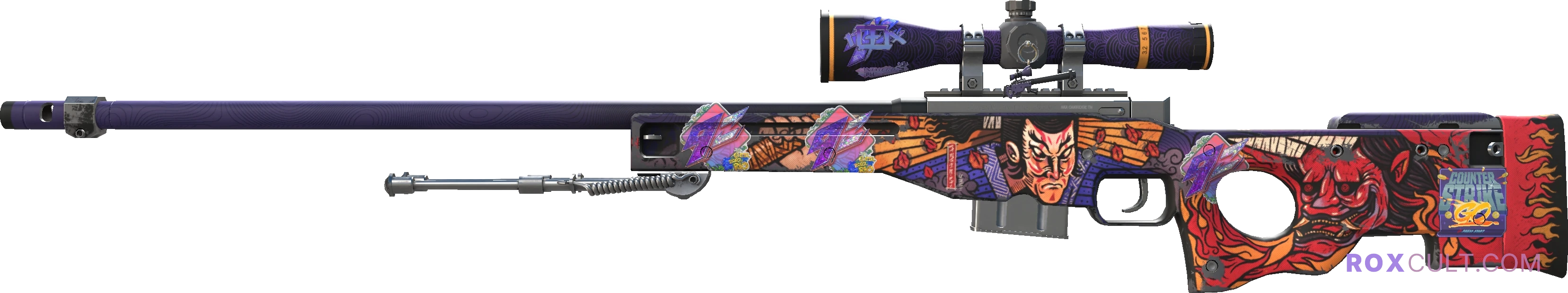 AWP | Oni Taiji (Field-Tested) — rox (Holo) Antwerp 2022 craft, playside view with 1 rox (Holo) sticker
