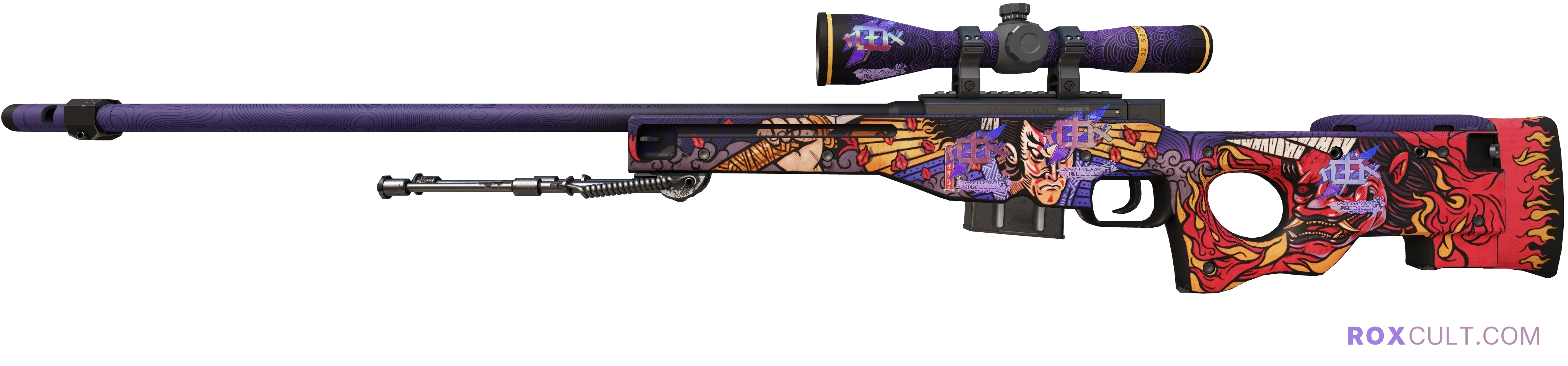 AWP | Oni Taiji (Factory New) — rox (Holo) Antwerp 2022 craft, playside view with 4 rox (Holo) stickers