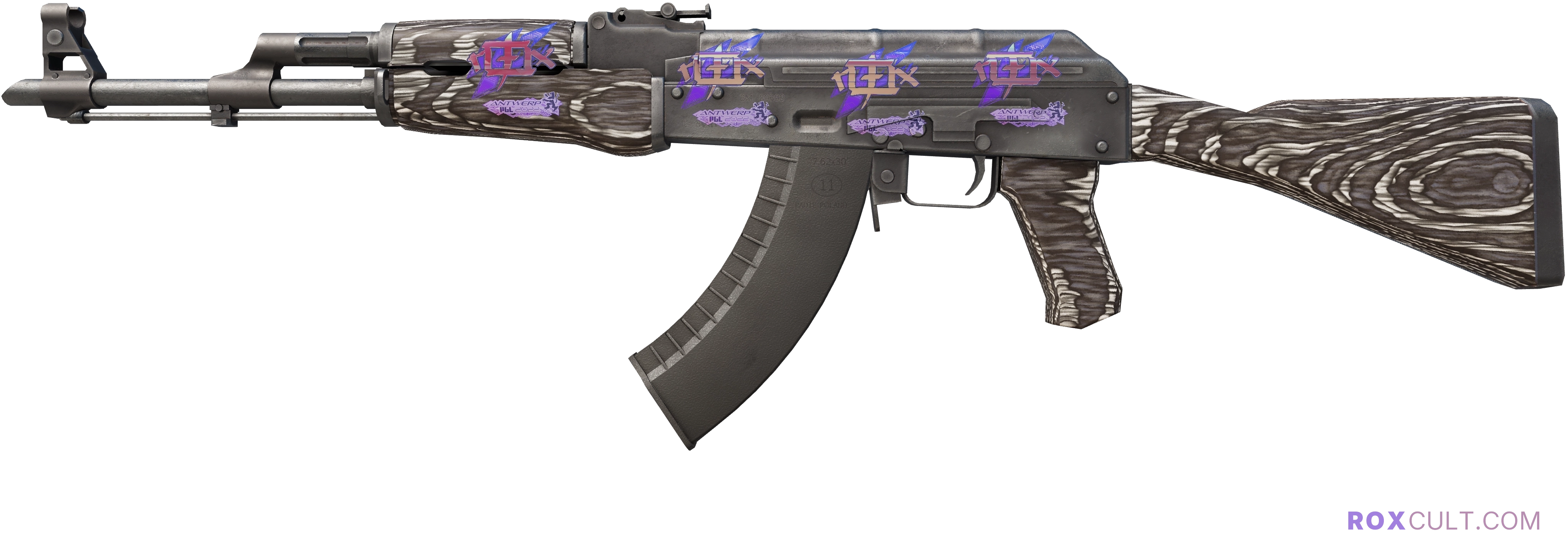 AK-47 | Black Laminate (Field-Tested) — rox (Holo) Antwerp 2022 craft, playside view with 4 rox (Holo) stickers