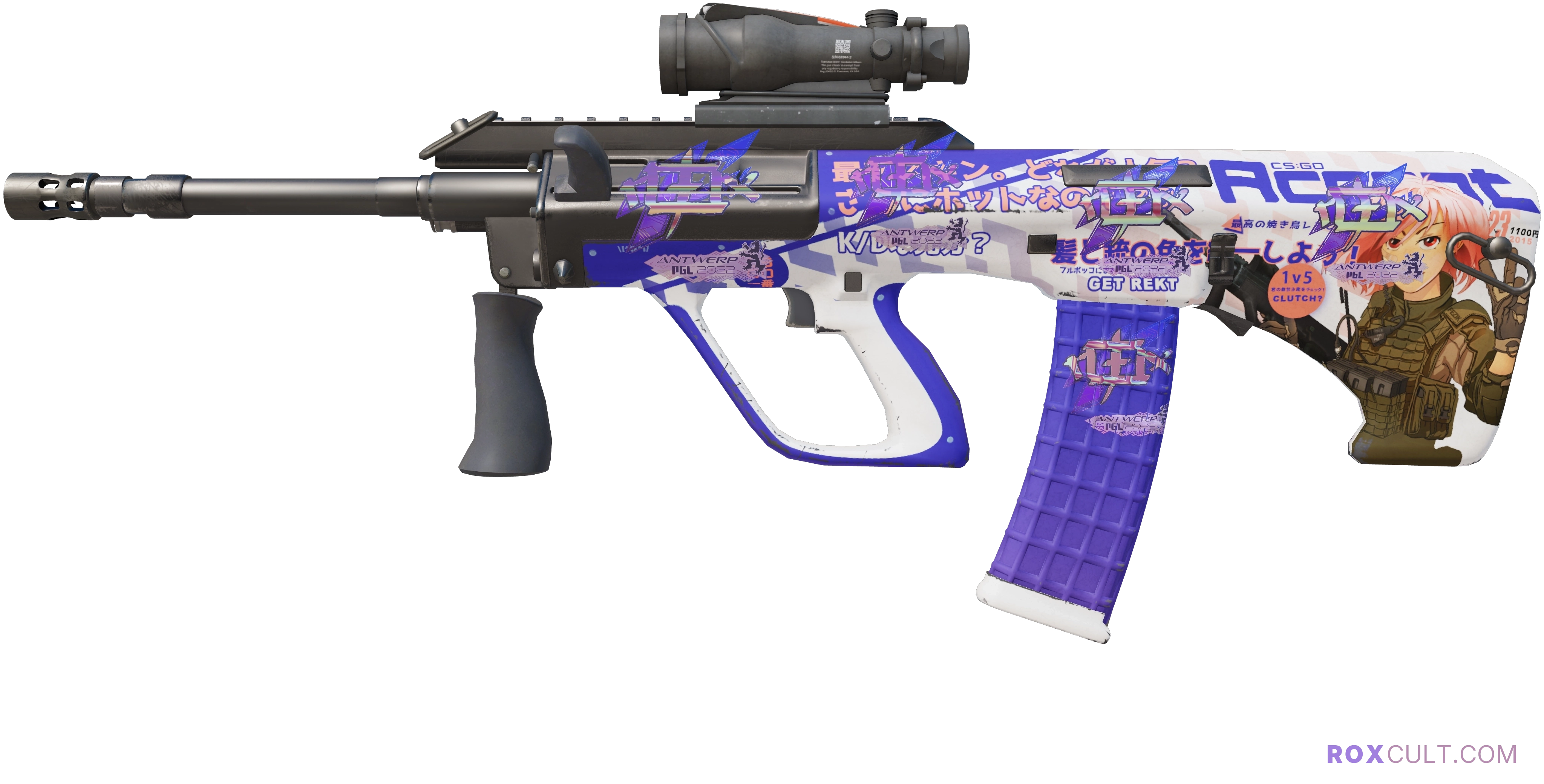 AUG | Akihabara Accept (Minimal Wear) — rox (Holo) Antwerp 2022 craft, playside view with 5 rox (Holo) stickers