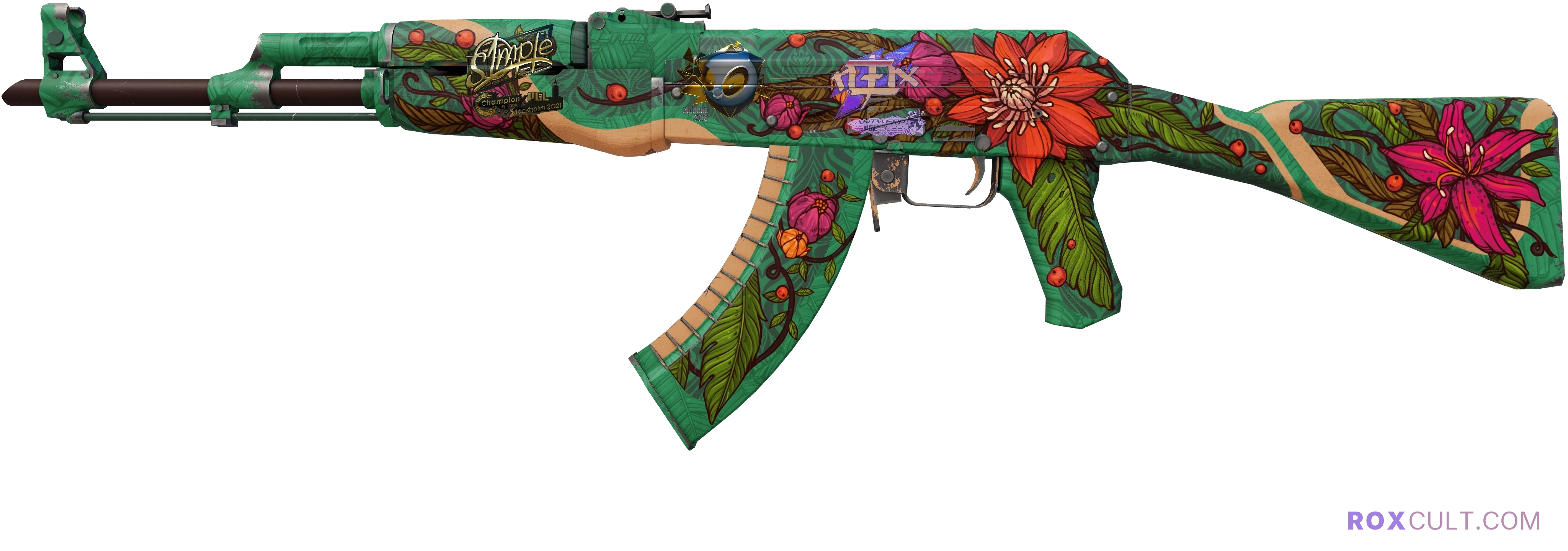 AK-47 | Wild Lotus (Field-Tested) — rox (Holo) Antwerp 2022 craft, playside view with 1 rox (Holo) sticker