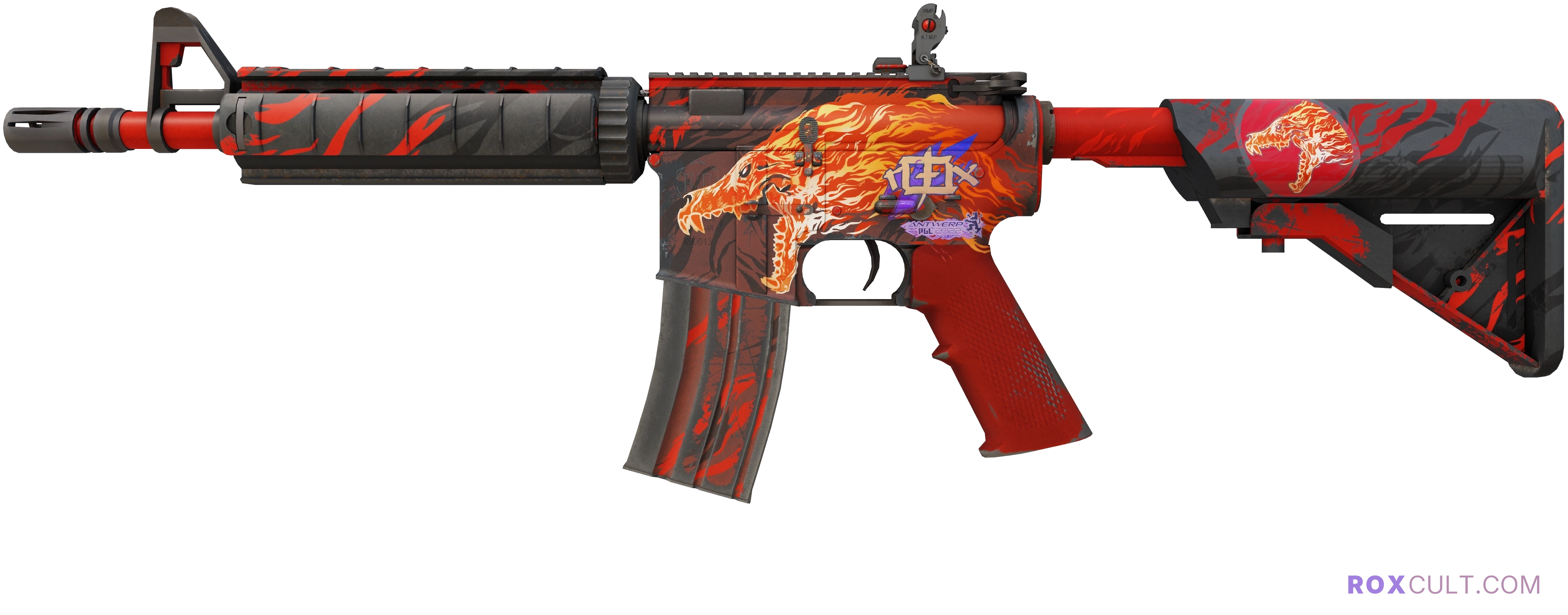 M4A4 | Howl (Field-Tested) — rox (Holo) Antwerp 2022 craft, playside view with 1 rox (Holo) sticker