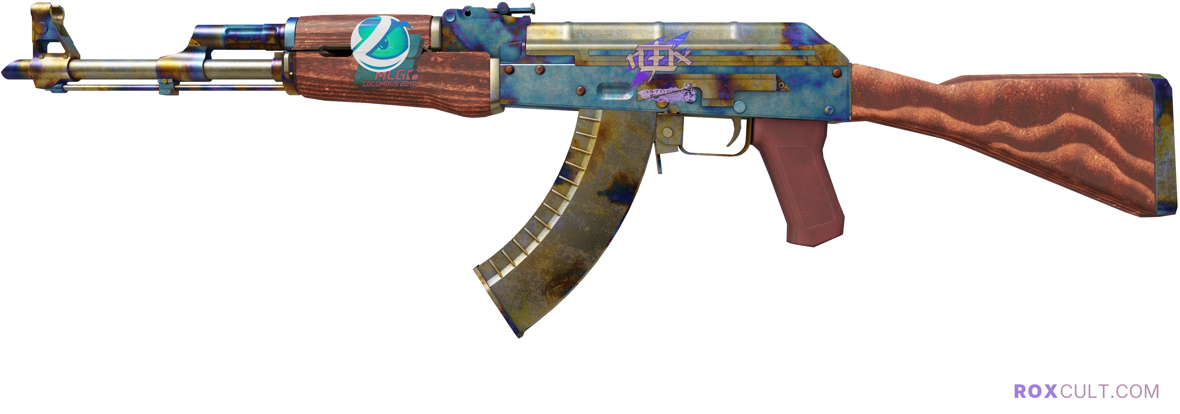 AK-47 | Case Hardened (Well-Worn) — rox (Holo) Antwerp 2022 craft, playside view with 1 rox (Holo) sticker