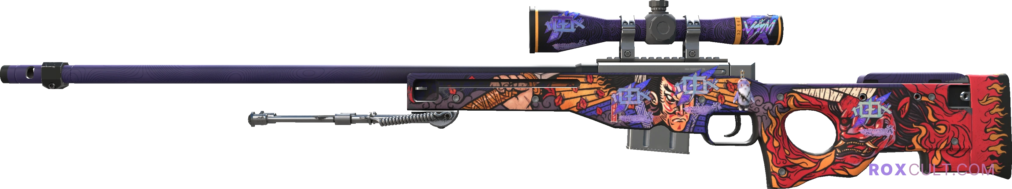 AWP | Oni Taiji (Factory New) — rox (Holo) Antwerp 2022 craft, playside view with 4 rox (Holo) stickers