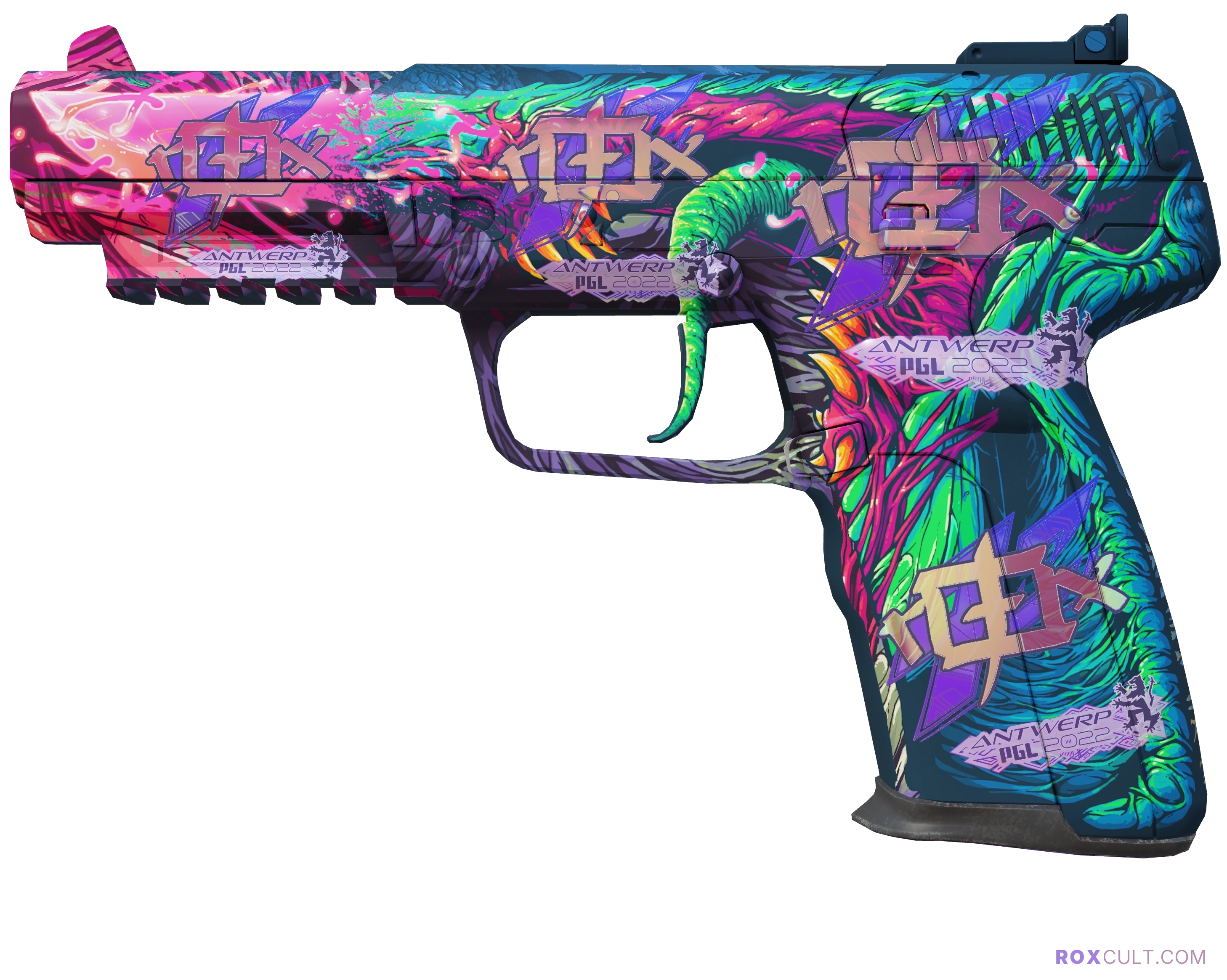 Five-SeveN | Hyper Beast (Factory New) — rox (Holo) Antwerp 2022 craft, playside view with 4 rox (Holo) stickers
