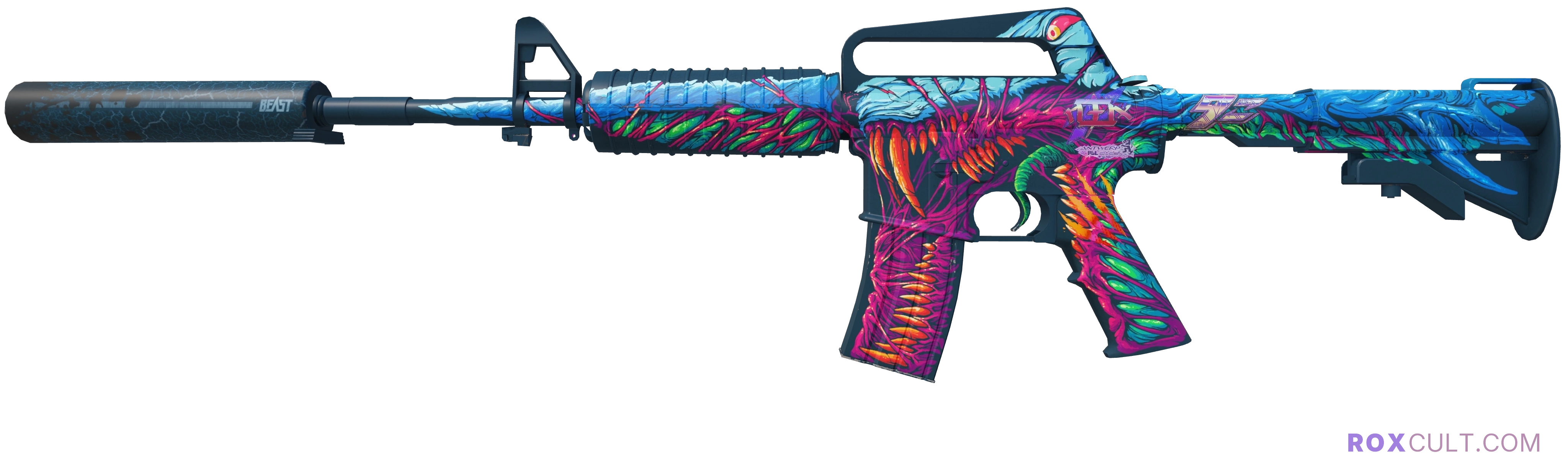 M4A1-S | Hyper Beast (Factory New) — rox (Holo) Antwerp 2022 craft, playside view with 1 rox (Holo) sticker