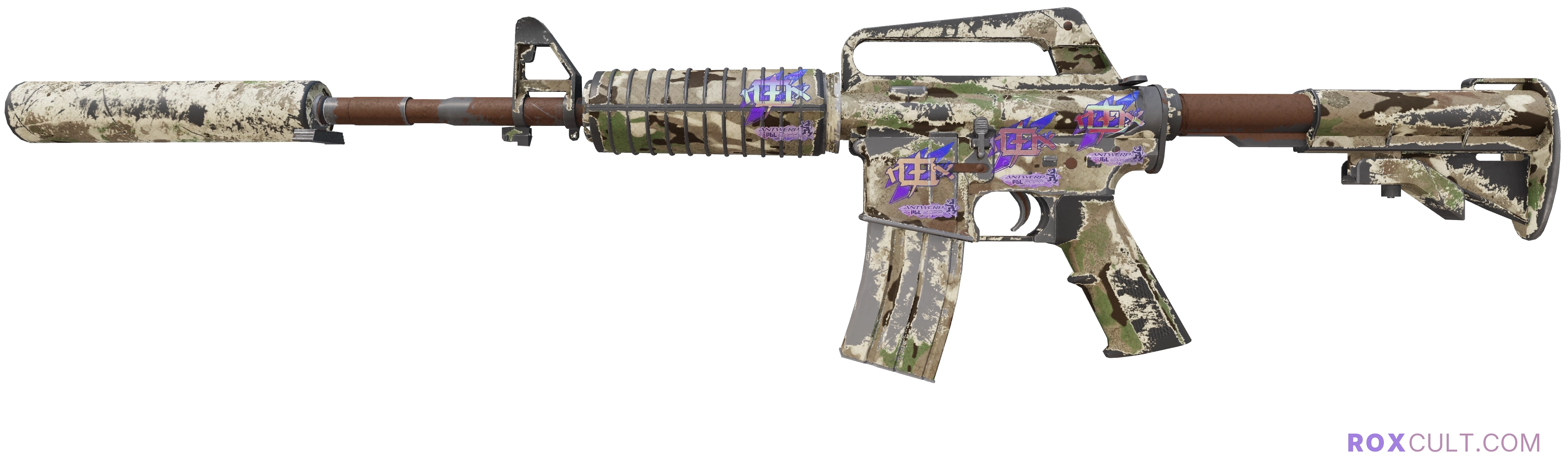 M4A1-S | VariCamo (Battle-Scarred) — rox (Holo) Antwerp 2022 craft, playside view with 4 rox (Holo) stickers
