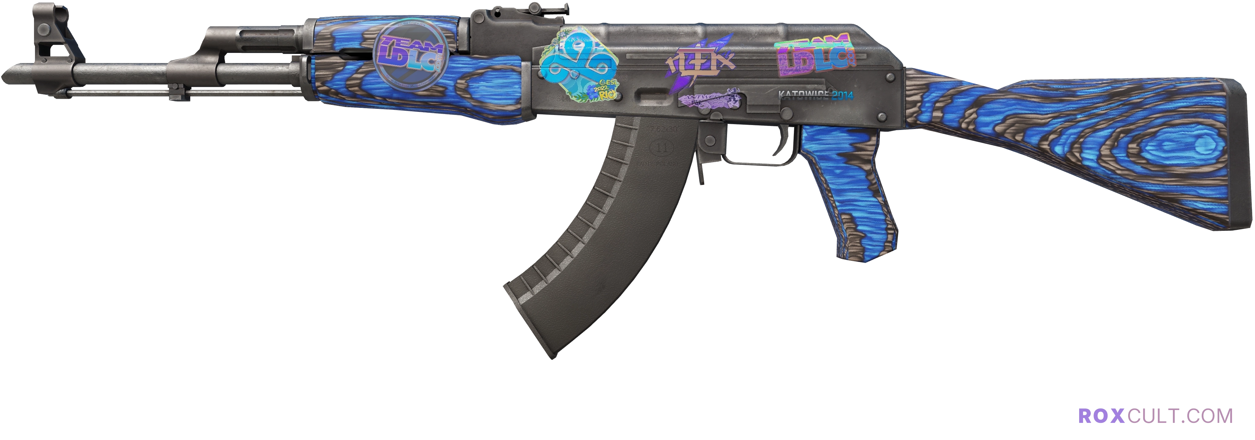 AK-47 | Blue Laminate (Factory New) — rox (Holo) Antwerp 2022 craft, playside view with 1 rox (Holo) sticker