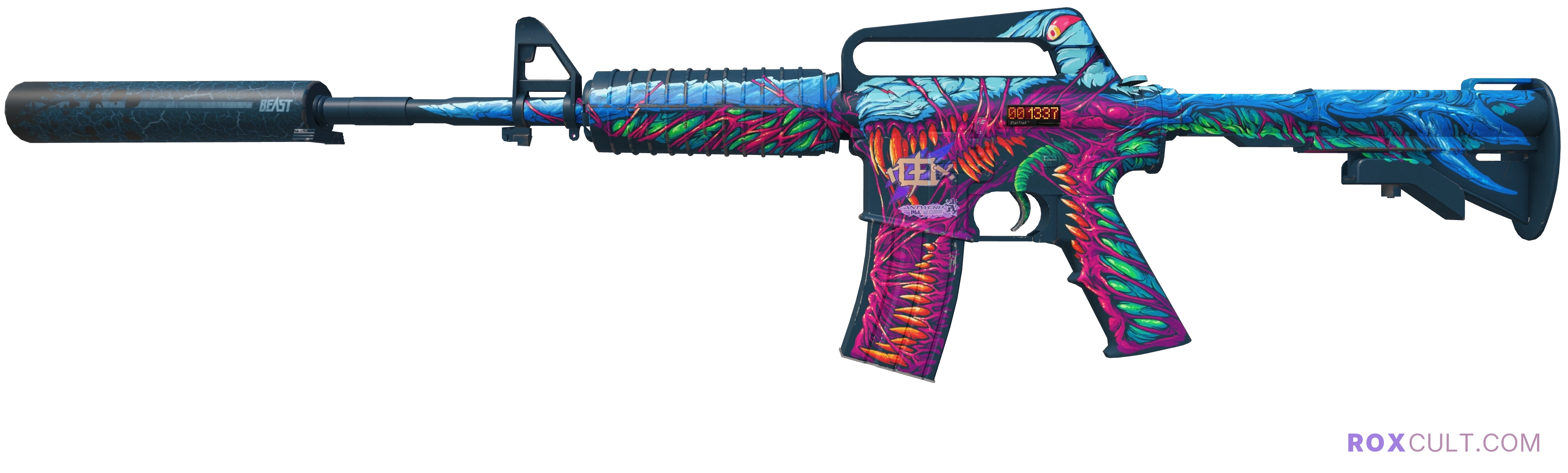 StatTrak™ M4A1-S | Hyper Beast (Minimal Wear) — rox (Holo) Antwerp 2022 craft, playside view with 1 rox (Holo) sticker
