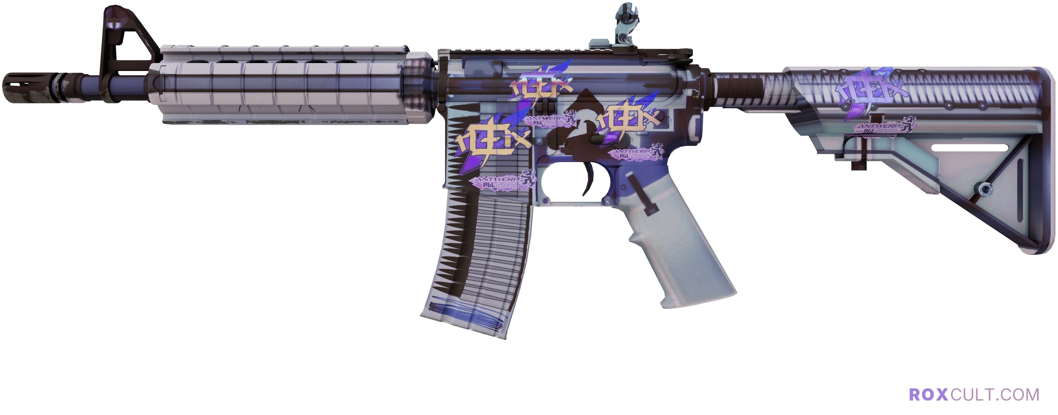 M4A4 | X-Ray (Factory New) — rox (Holo) Antwerp 2022 craft, playside view with 4 rox (Holo) stickers