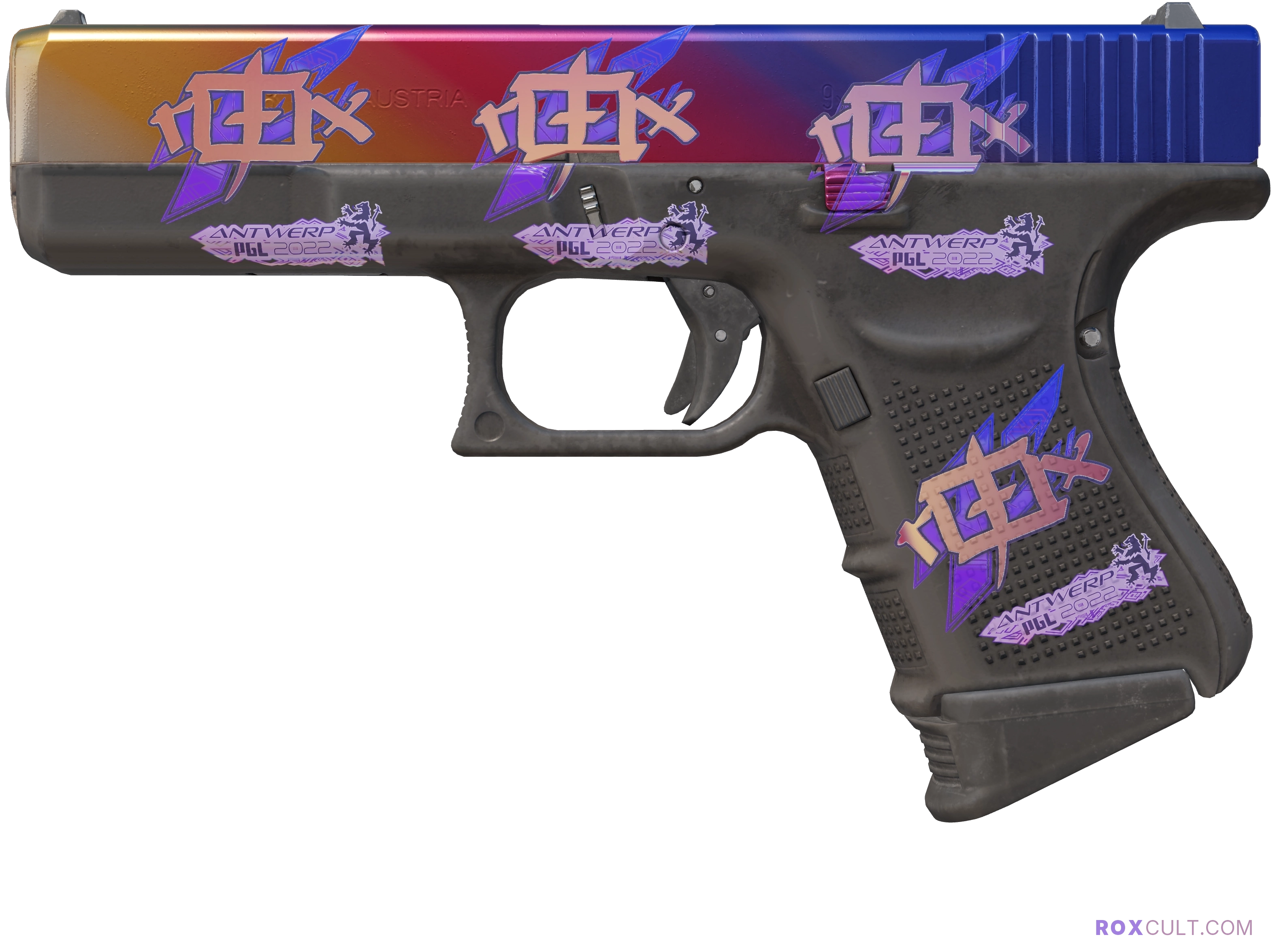 Glock-18 | Fade (Factory New) — rox (Holo) Antwerp 2022 craft, playside view with 4 rox (Holo) stickers