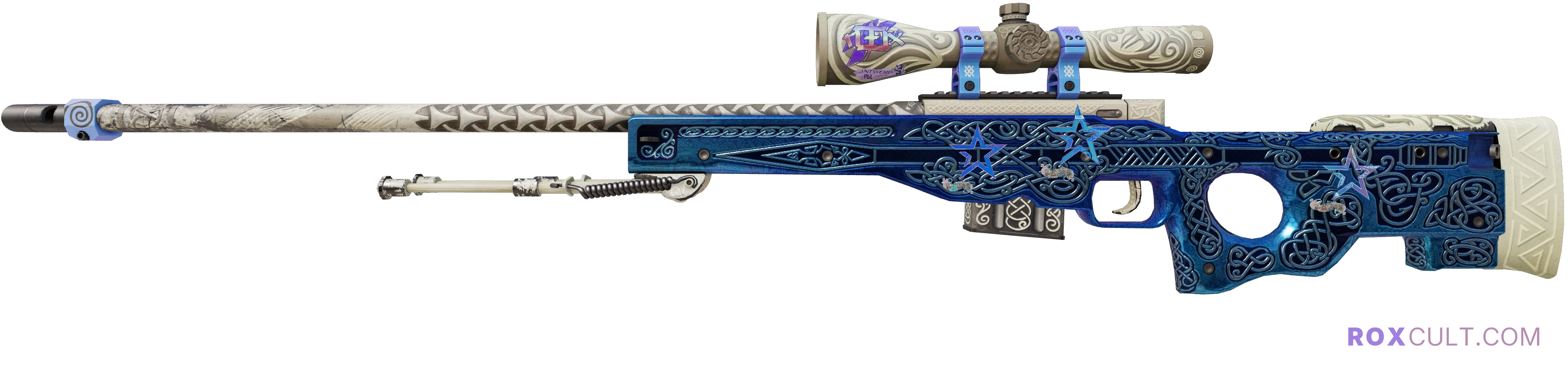 AWP | Gungnir (Field-Tested) — rox (Holo) Antwerp 2022 craft, playside view with 1 rox (Holo) sticker