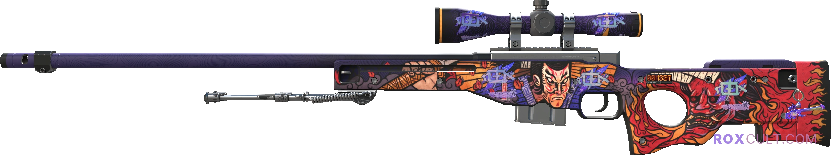 StatTrak™ AWP | Oni Taiji (Factory New) — rox (Holo) Antwerp 2022 craft, playside view with 5 rox (Holo) stickers