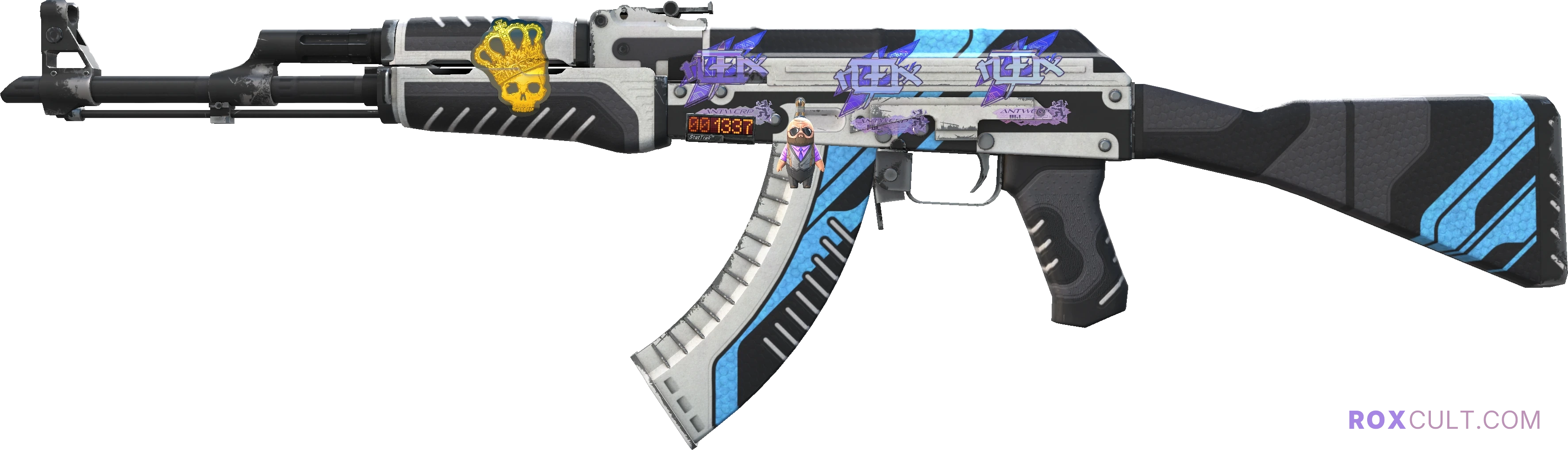 StatTrak™ AK-47 | Vulcan (Minimal Wear) — rox (Holo) Antwerp 2022 craft, playside view with 3 rox (Holo) stickers