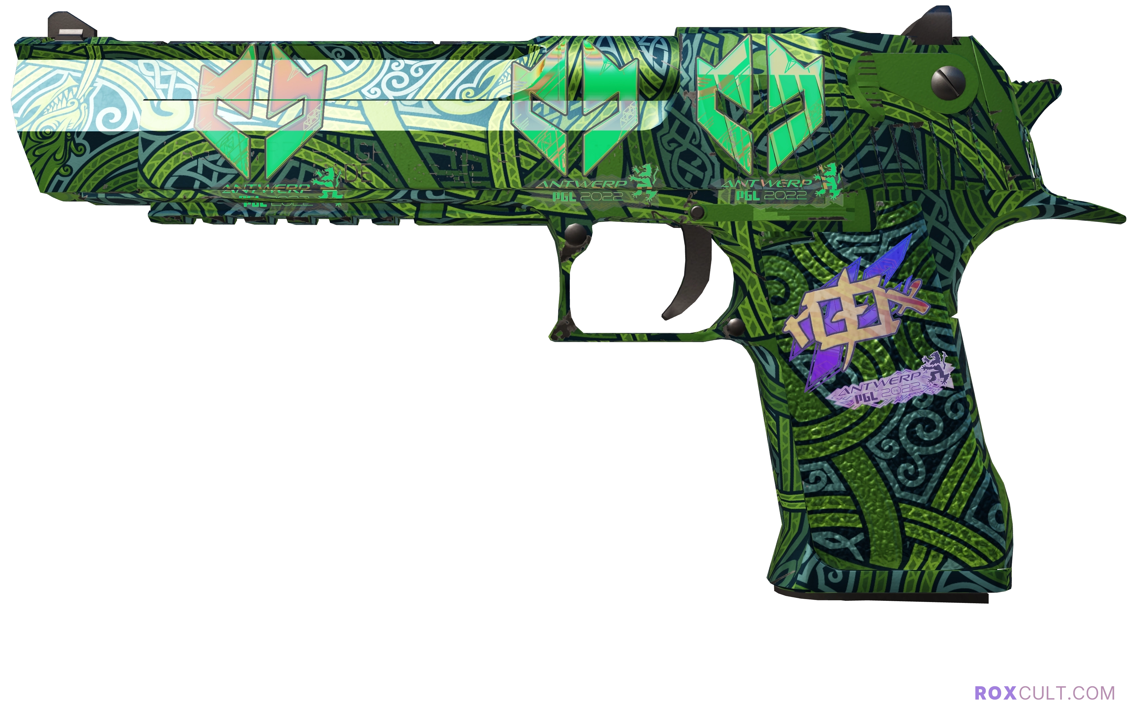 Desert Eagle | Emerald Jörmungandr (Factory New) — rox (Holo) Antwerp 2022 craft, playside view with 1 rox (Holo) sticker