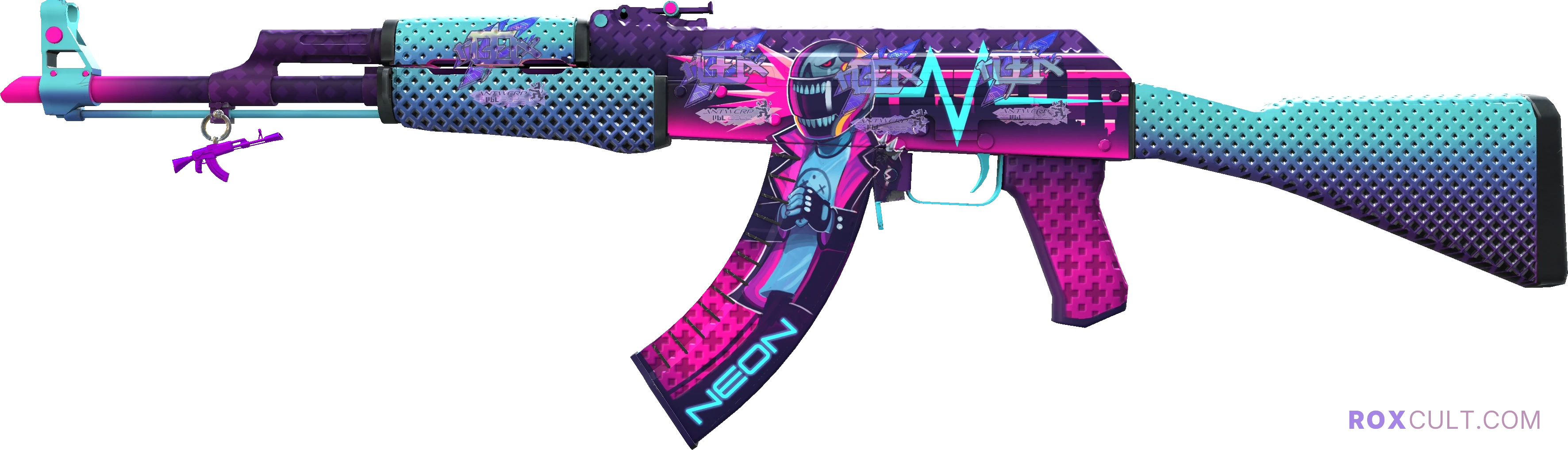 AK-47 | Neon Rider (Factory New) — rox (Holo) Antwerp 2022 craft, playside view with 4 rox (Holo) stickers