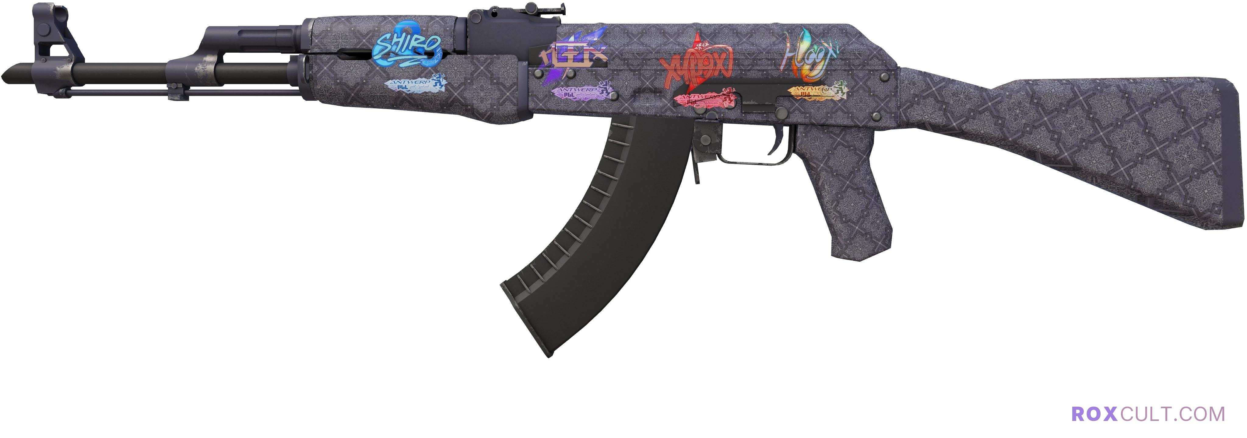 AK-47 | Baroque Purple (Minimal Wear) — rox (Holo) Antwerp 2022 craft, playside view with 1 rox (Holo) sticker