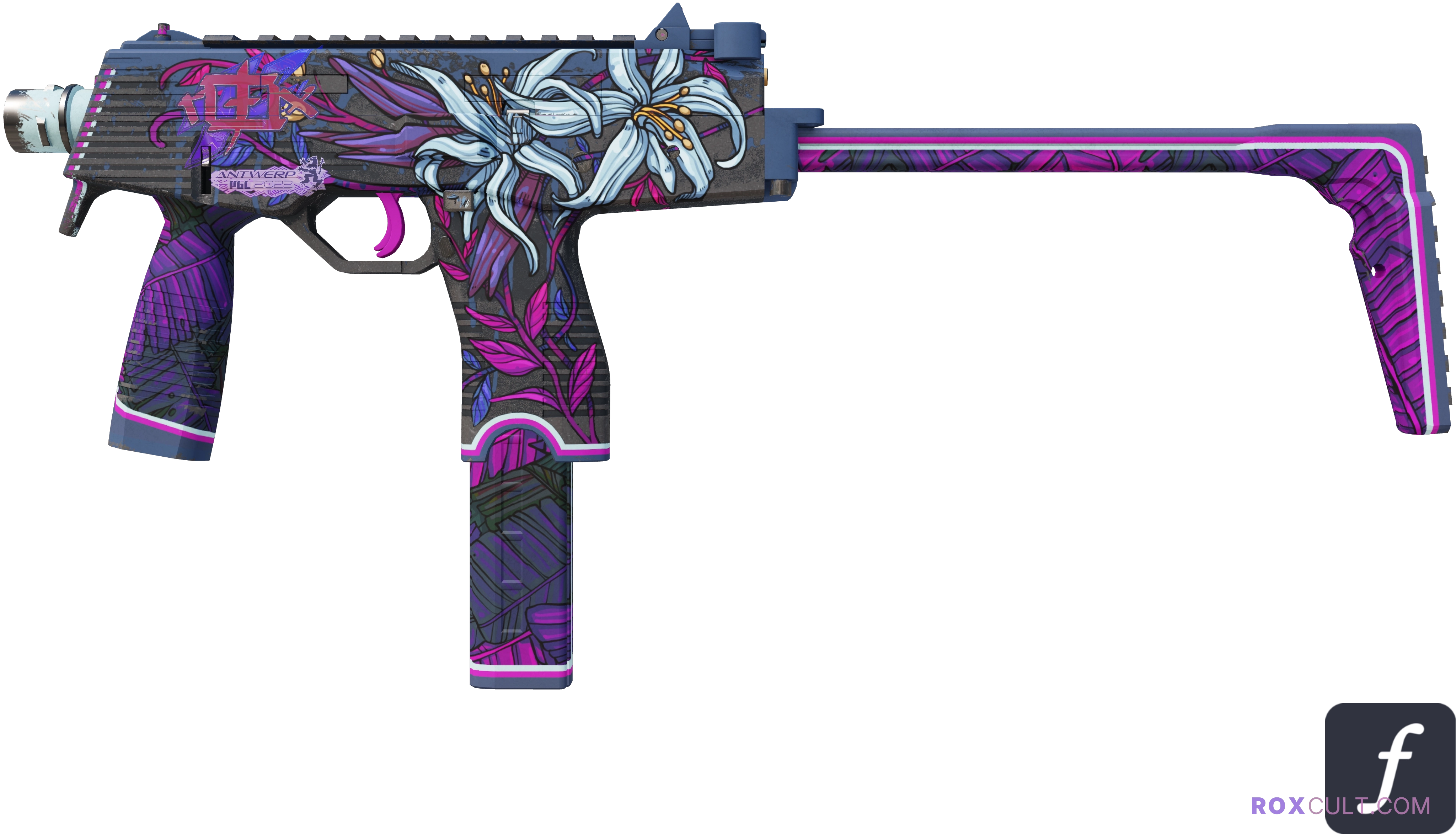 MP9 | Wild Lily (Field-Tested) — rox (Holo) Antwerp 2022 craft, playside view with 1 rox (Holo) sticker