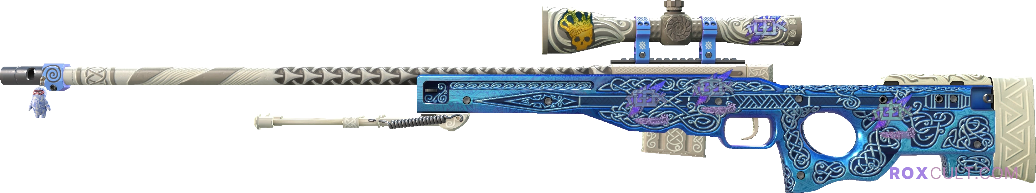 AWP | Gungnir (Factory New) — rox (Holo) Antwerp 2022 craft, playside view with 4 rox (Holo) stickers