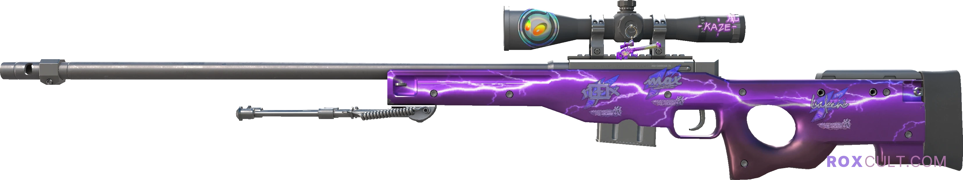 AWP | Lightning Strike (Factory New) — rox (Holo) Antwerp 2022 craft, playside view with 1 rox (Holo) sticker