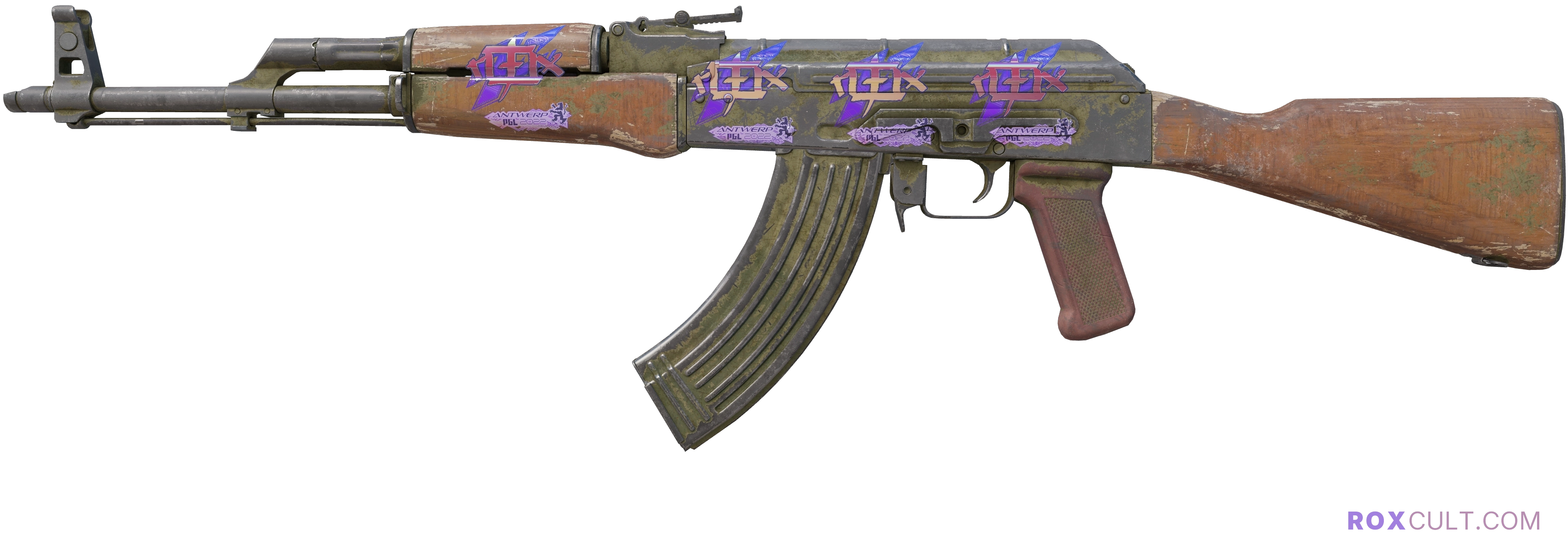 AK-47 | Safari Mesh (Battle-Scarred) — rox (Holo) Antwerp 2022 craft, playside view with 4 rox (Holo) stickers