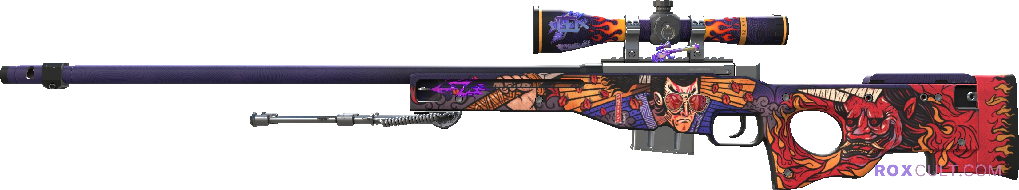 AWP | Oni Taiji (Factory New) — rox (Holo) Antwerp 2022 craft, playside view with 1 rox (Holo) sticker