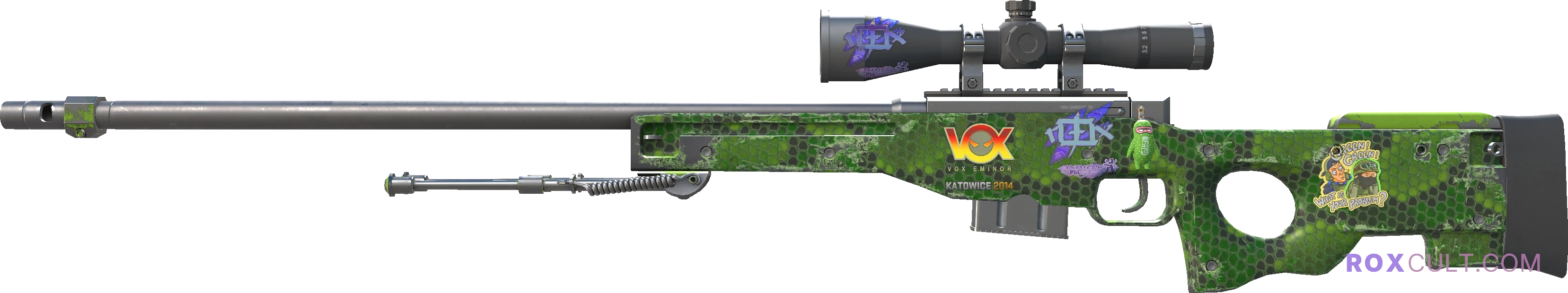 AWP | Pit Viper (Field-Tested) — rox (Holo) Antwerp 2022 craft, playside view with 2 rox (Holo) stickers