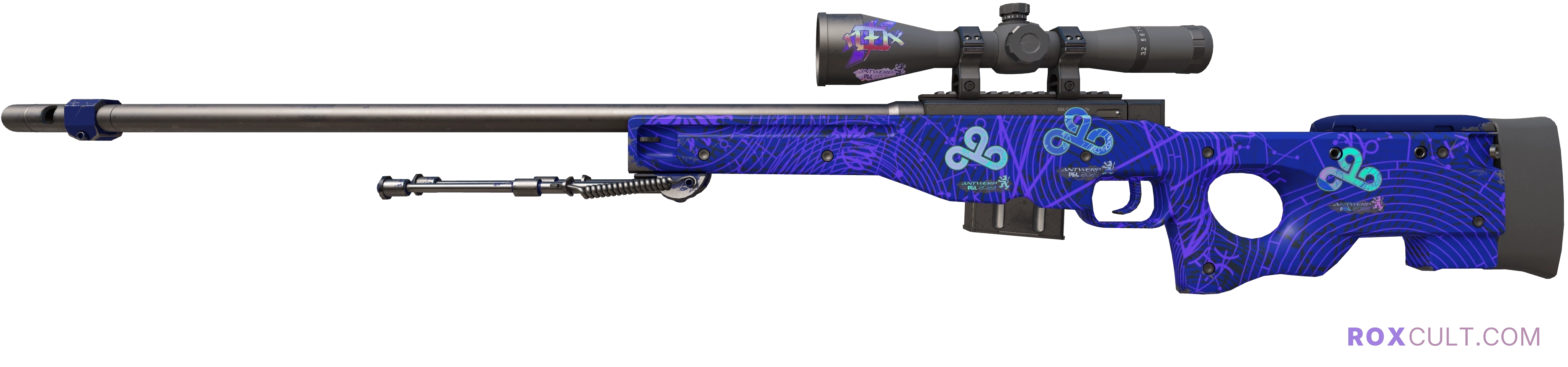 AWP | Sun in Leo (Factory New) — rox (Holo) Antwerp 2022 craft, playside view with 1 rox (Holo) sticker