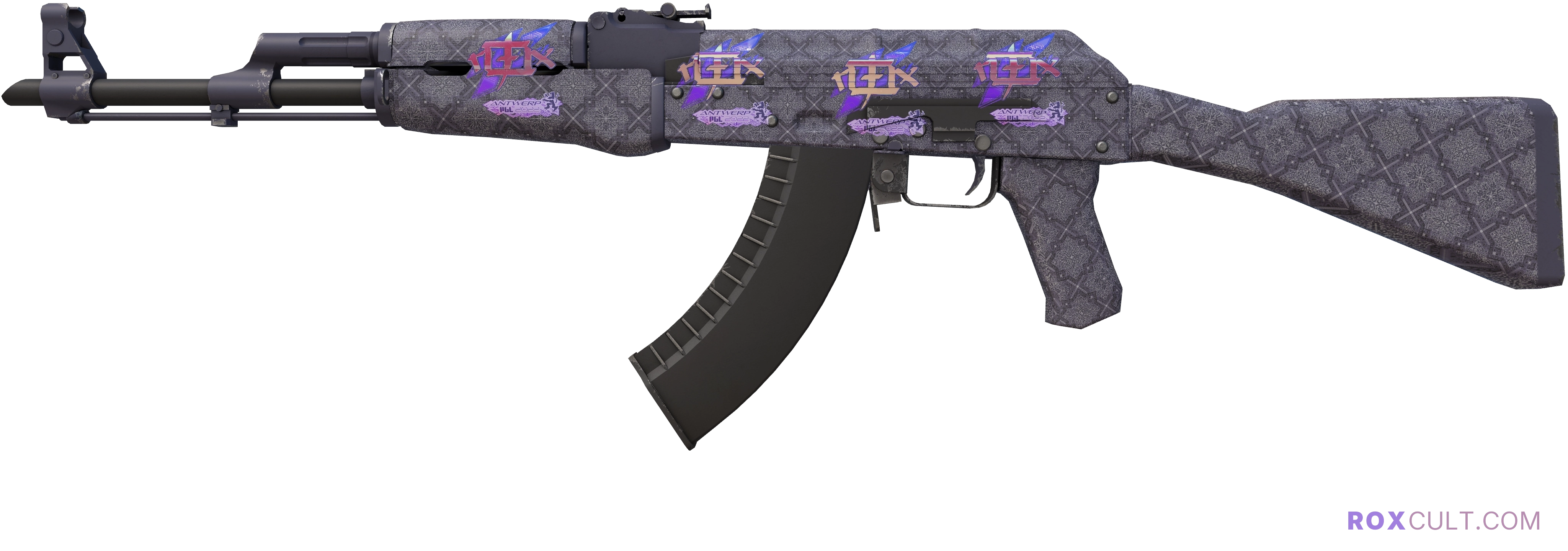 AK-47 | Baroque Purple (Minimal Wear) — rox (Holo) Antwerp 2022 craft, playside view with 4 rox (Holo) stickers