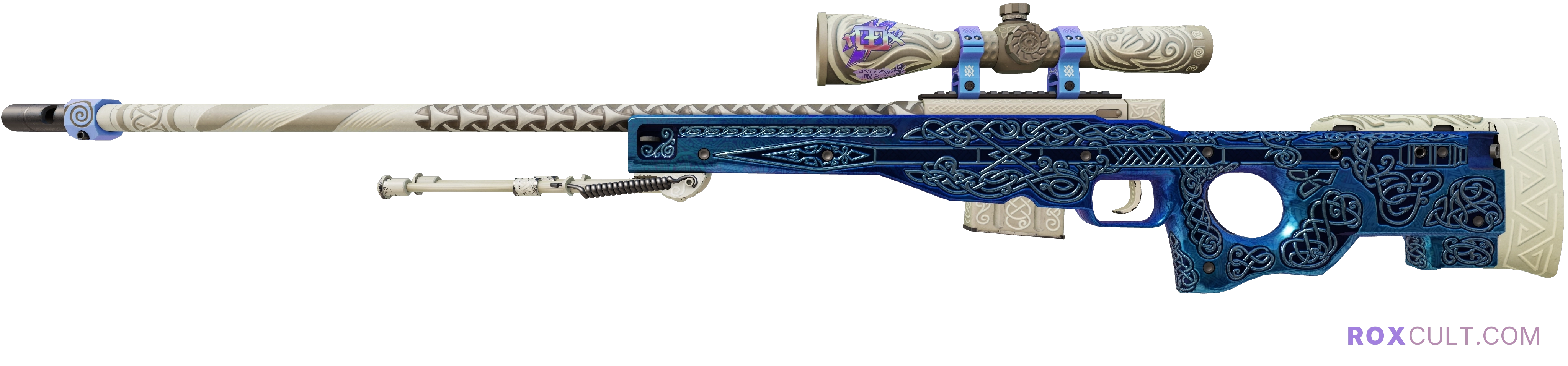 AWP | Gungnir (Field-Tested) — rox (Holo) Antwerp 2022 craft, playside view with 1 rox (Holo) sticker