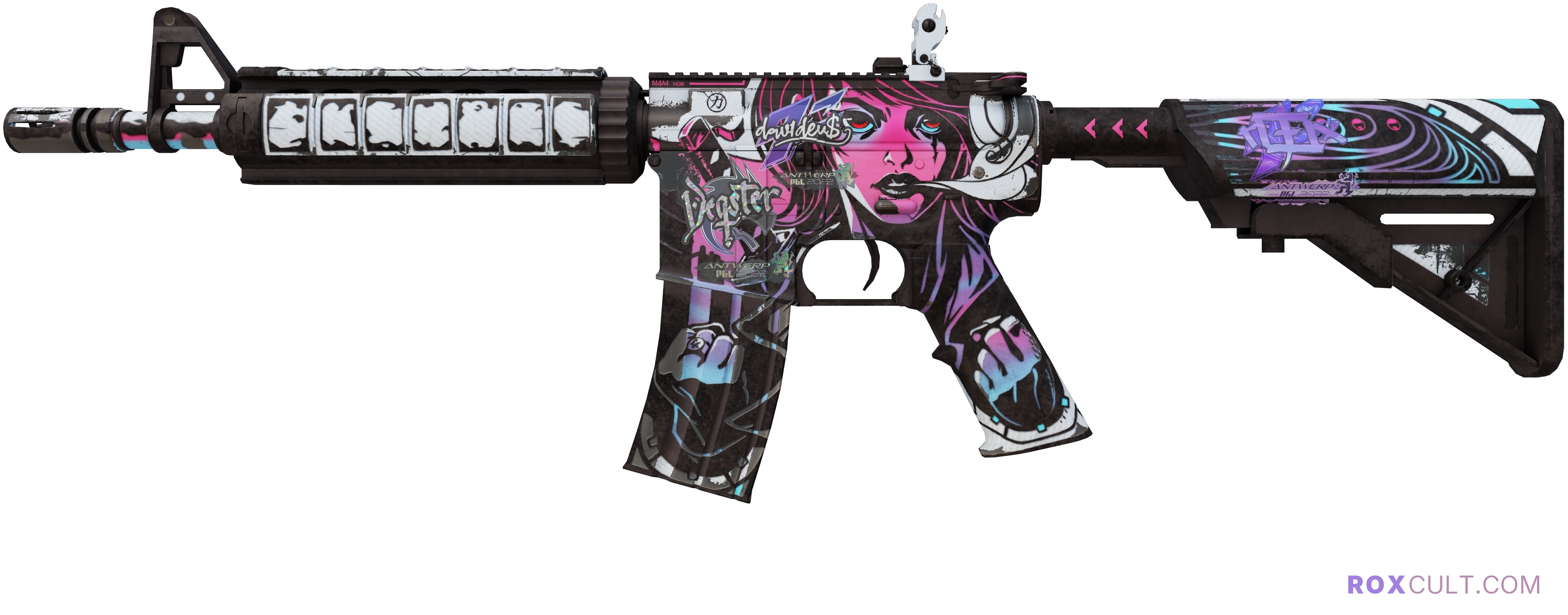 M4A4 | Neo-Noir (Field-Tested) — rox (Holo) Antwerp 2022 craft, playside view with 1 rox (Holo) sticker