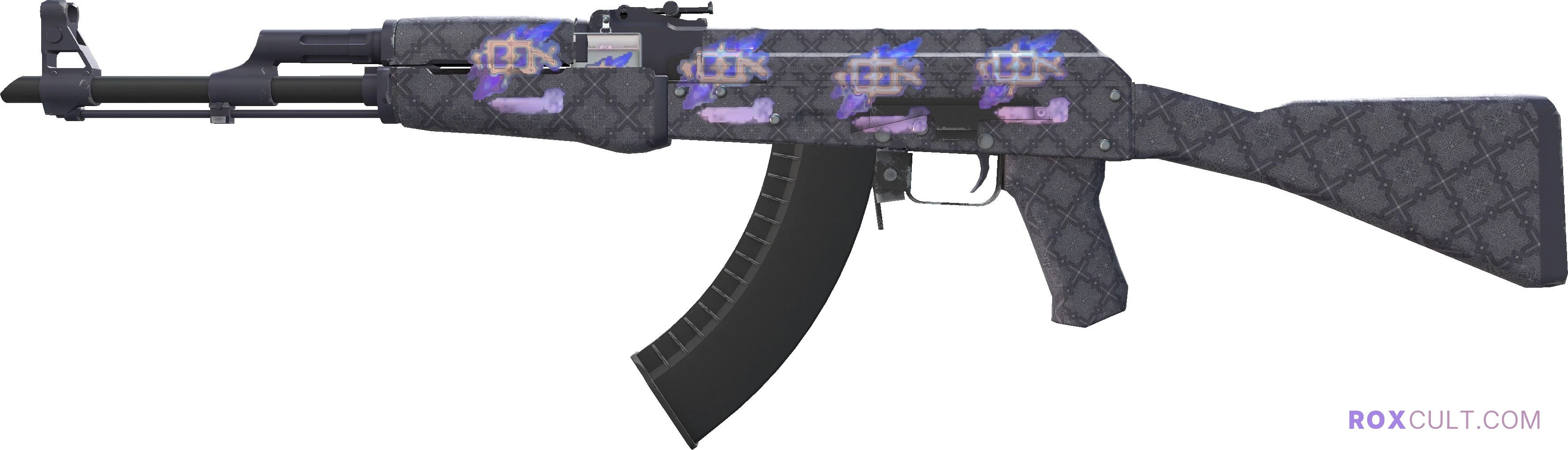 AK-47 | Baroque Purple (Factory New) — rox (Holo) Antwerp 2022 craft, playside view with 4 rox (Holo) stickers