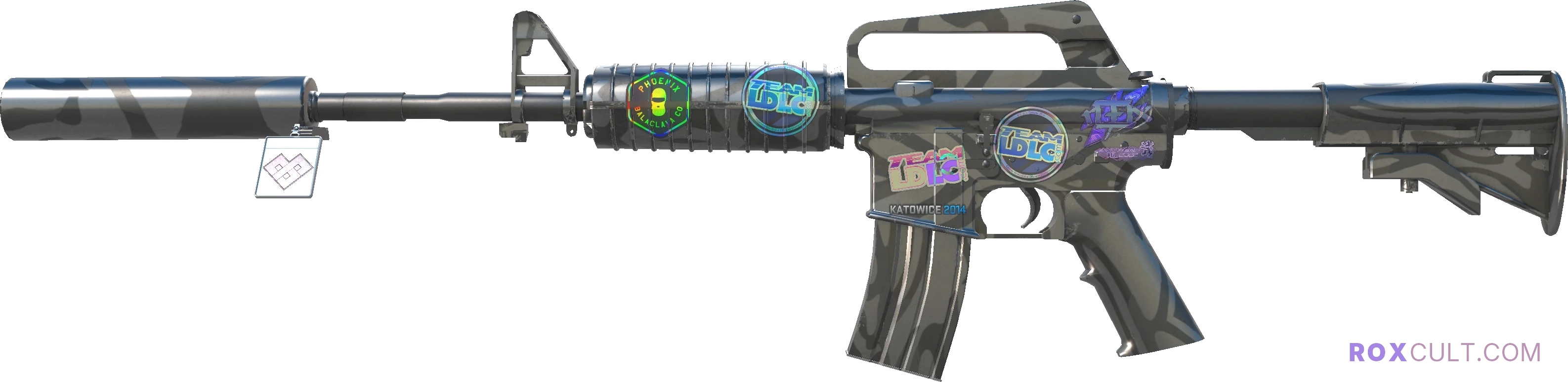 M4A1-S | Dark Water (Minimal Wear) — rox (Holo) Antwerp 2022 craft, playside view with 1 rox (Holo) sticker