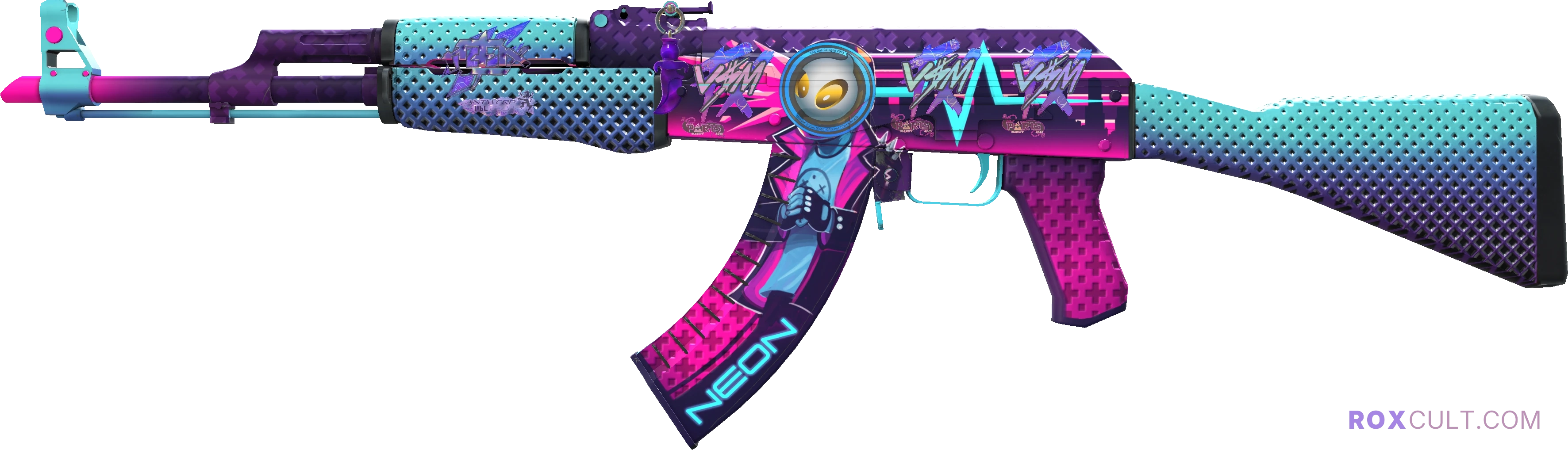 AK-47 | Neon Rider (Factory New) — rox (Holo) Antwerp 2022 craft, playside view with 1 rox (Holo) sticker