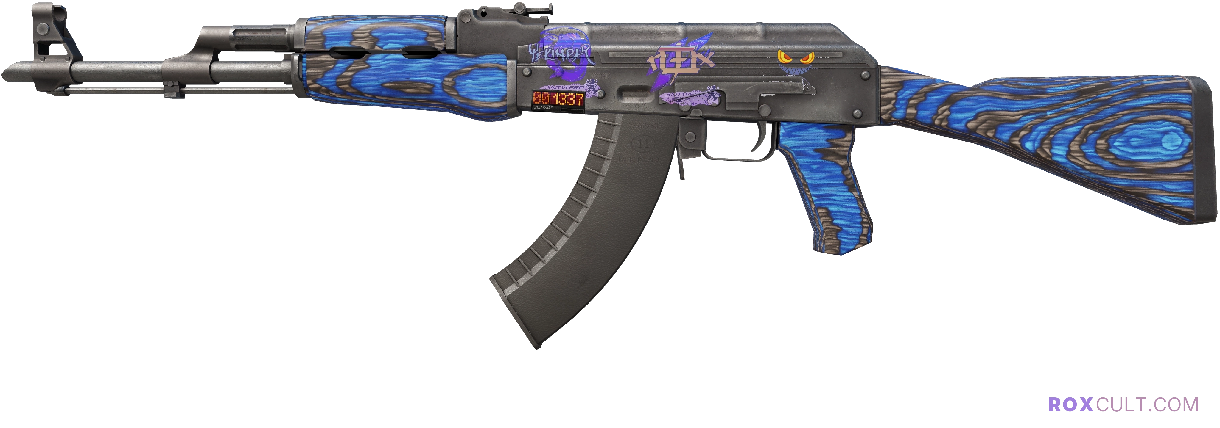 StatTrak™ AK-47 | Blue Laminate (Field-Tested) — rox (Holo) Antwerp 2022 craft, playside view with 1 rox (Holo) sticker