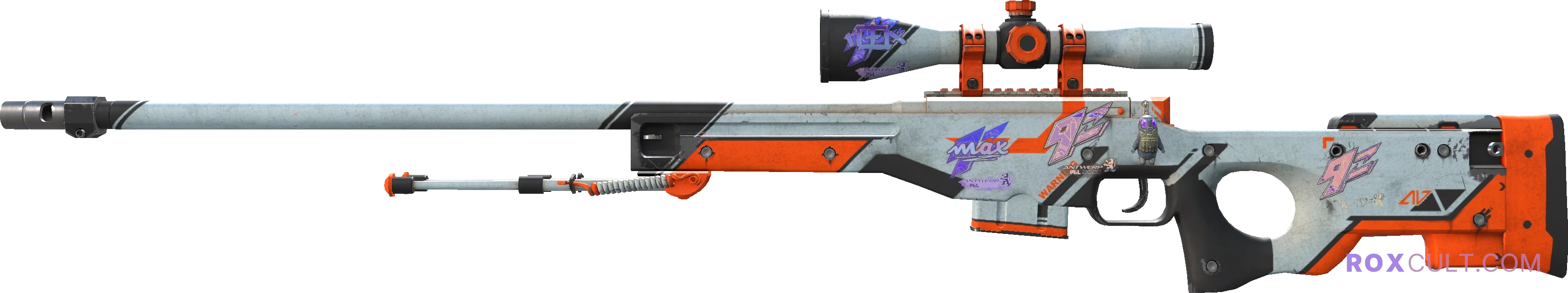 AWP | Asiimov (Battle-Scarred) — rox (Holo) Antwerp 2022 craft, playside view with 1 rox (Holo) sticker