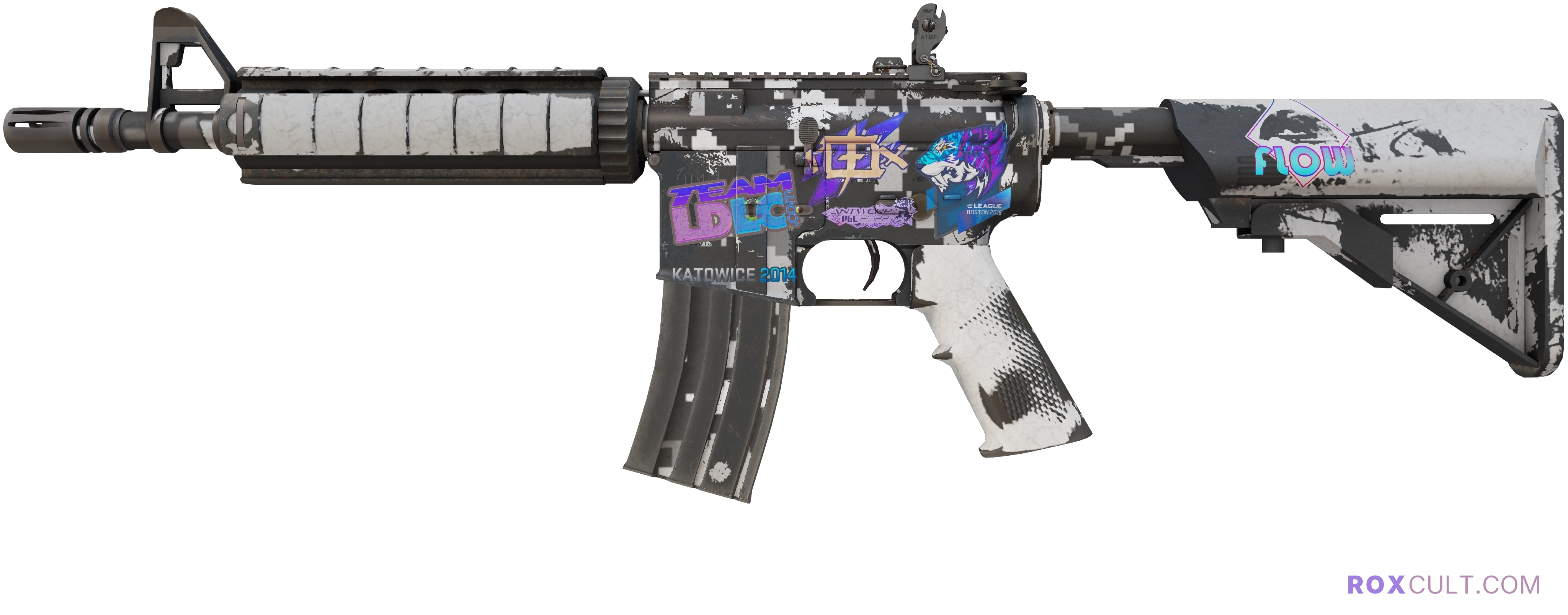 M4A4 | Urban DDPAT (Field-Tested) — rox (Holo) Antwerp 2022 craft, playside view with 1 rox (Holo) sticker