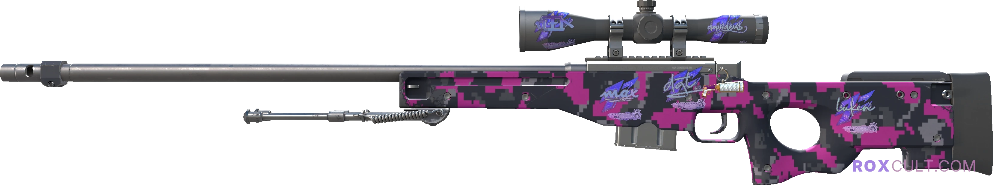 AWP | Pink DDPAT (Factory New) — rox (Holo) Antwerp 2022 craft, playside view with 1 rox (Holo) sticker