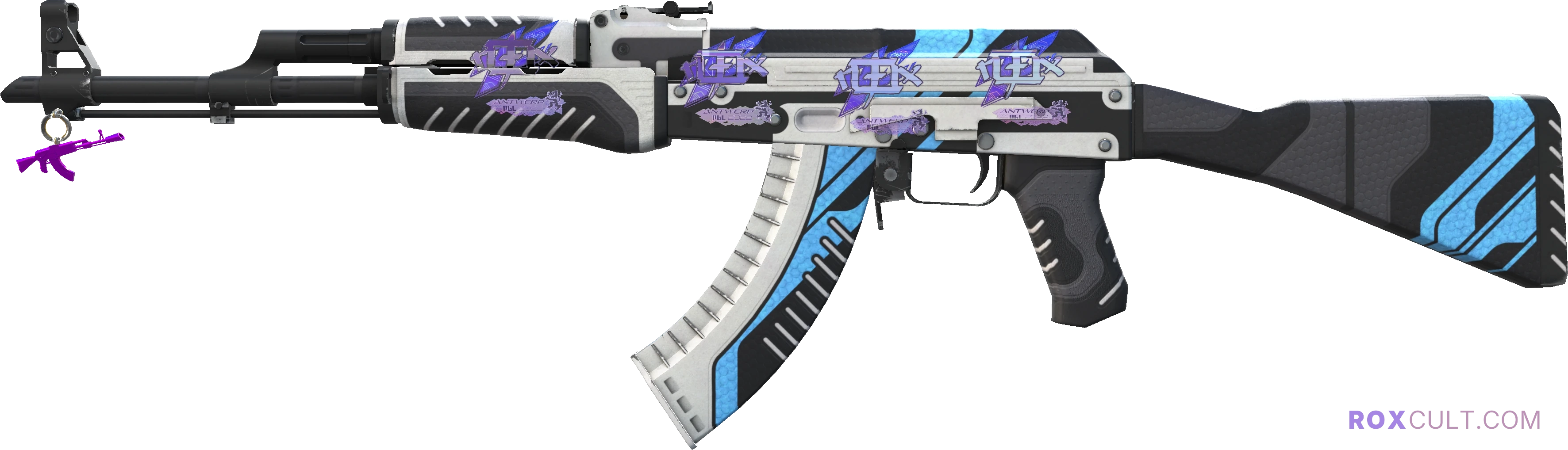 AK-47 | Vulcan (Factory New) — rox (Holo) Antwerp 2022 craft, playside view with 4 rox (Holo) stickers