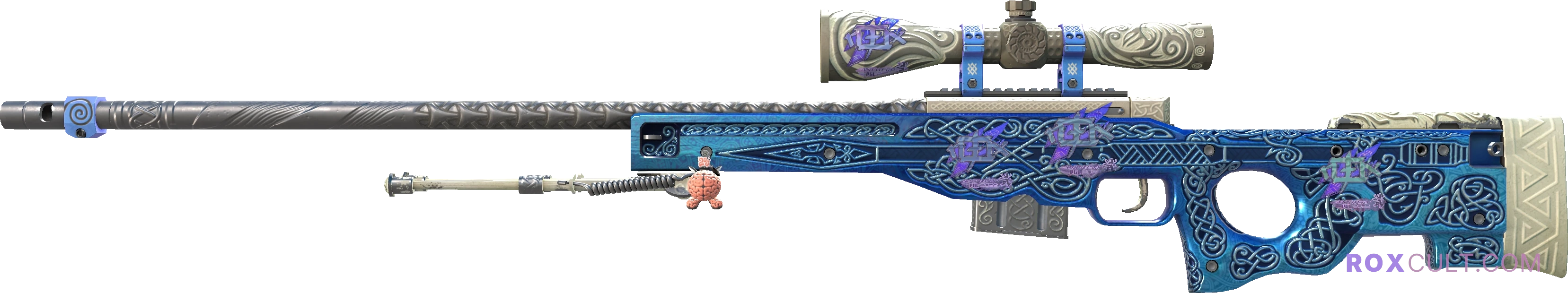 AWP | Gungnir (Field-Tested) — rox (Holo) Antwerp 2022 craft, playside view with 4 rox (Holo) stickers