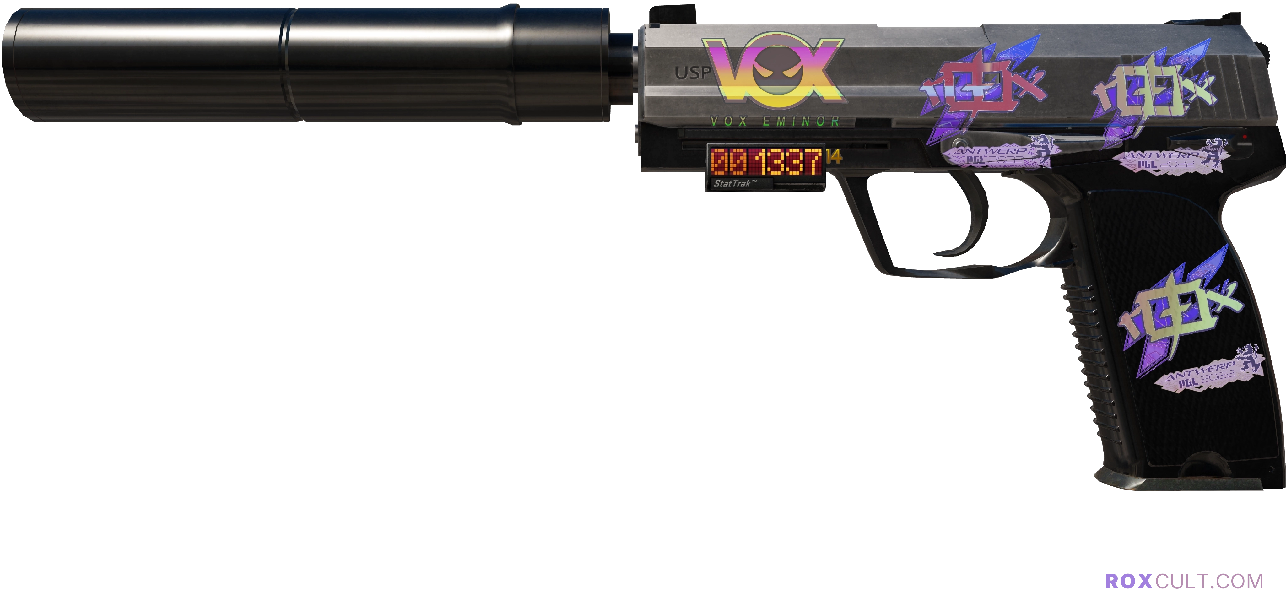 StatTrak™ USP-S | Stainless (Field-Tested) — rox (Holo) Antwerp 2022 craft, playside view with 3 rox (Holo) stickers