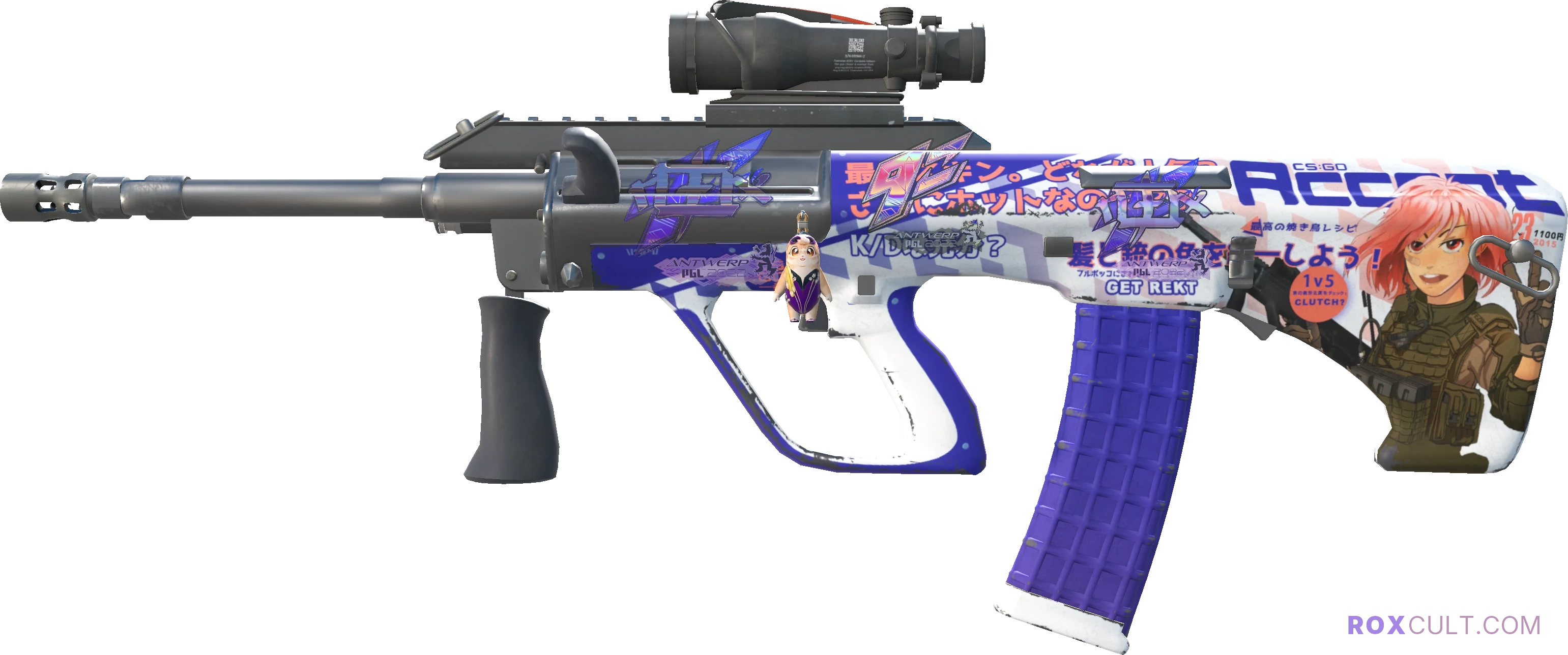 AUG | Akihabara Accept (Minimal Wear) — rox (Holo) Antwerp 2022 craft, playside view with 2 rox (Holo) stickers