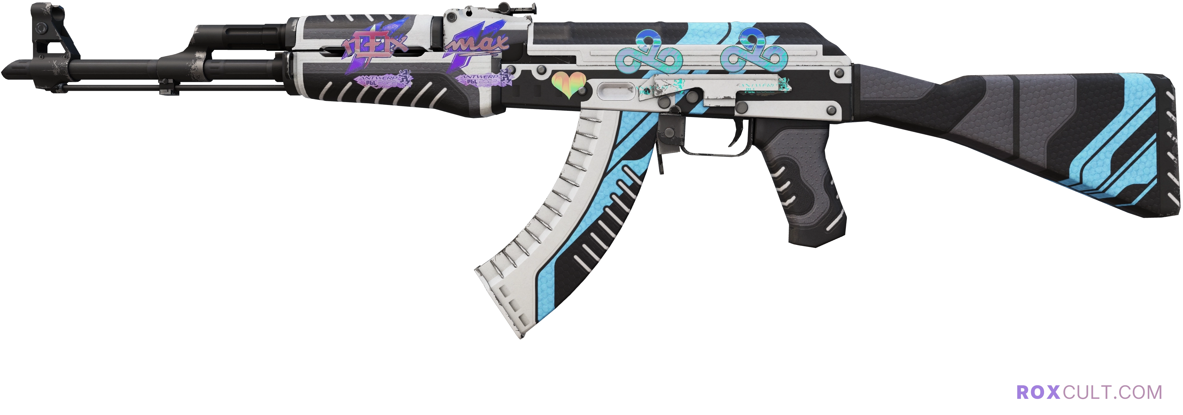 AK-47 | Vulcan (Minimal Wear) — rox (Holo) Antwerp 2022 craft, playside view with 1 rox (Holo) sticker