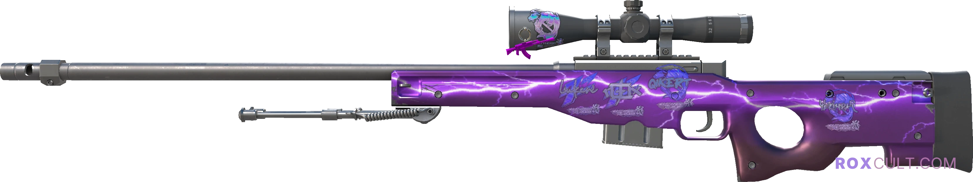 AWP | Lightning Strike (Factory New) — rox (Holo) Antwerp 2022 craft, playside view with 1 rox (Holo) sticker
